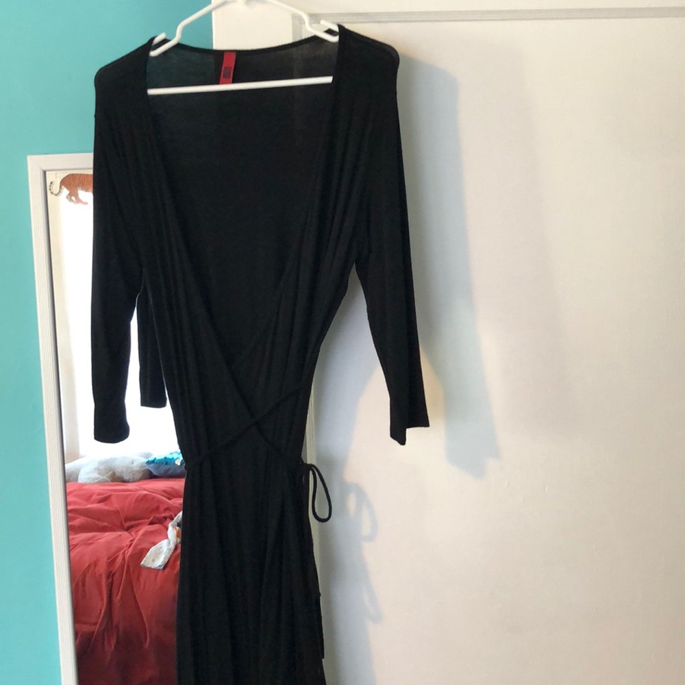 Black dress.  Wrap with tie.  Sexy and fitting.